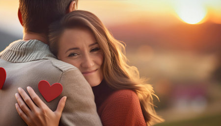 Illustration depicting the concept of affection and love, featuring symbols like hearts, a hug, and a warm embrace symbolizing care, warmth, and emotional connection. Ideal for topics related to relationships, family bonds, and emotional well being.の素材