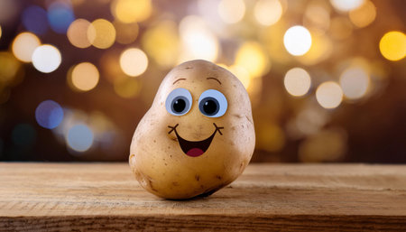 A single potato with a painted-on face, featuring big eyes and a wide smile, is positioned in the foreground of the image. The potato appears to be looking to the right of the frame. The background is a blurred out bokeh effect of warm, golden lights.の素材