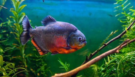A single red-bellied piranha swims through a tank filled with green aquatic plants. Its scales shimmer in the water, and its facing right with its mouth slightly open. The fish appears to be in a natural habitat, surrounded by greenery and rocks.の素材