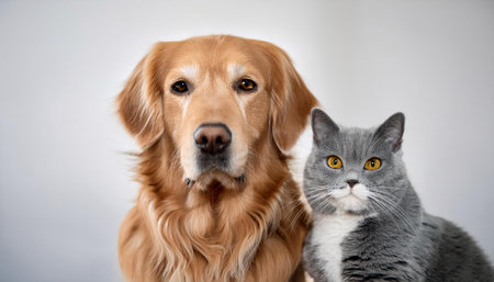 A golden retriever stands proudly next to a gray cat, both displaying friendly expressions. The golden retriever has a shiny coat and a friendly demeanor, while the gray cat looks calm and poised. They are positioned in front of a neutral backdrop, showcasing their companionship.の素材