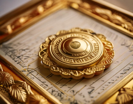 Illustration of a certificate featuring ornate borders, a gold seal, and elegant typography, symbolizing achievement, recognition, and formal acknowledgment. Ideal for topics related to awards, certifications, and achievements.の素材