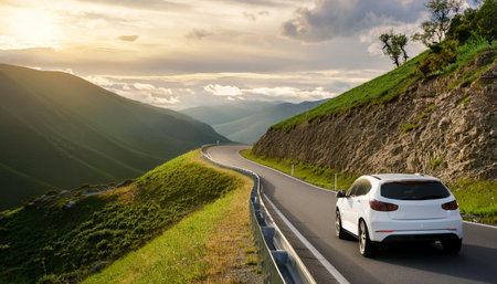 A white car travels along a winding road surrounded by verdant mountains. Morning light filters through the clouds, illuminating the landscape with soft hues. The curves of the highway enhance the picturesque view, inviting exploration of the natural beauty.の素材