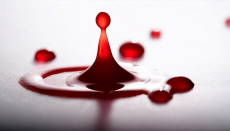 Close up image of blood drops on a white surface, symbolizing health, life, and medicine.の素材
