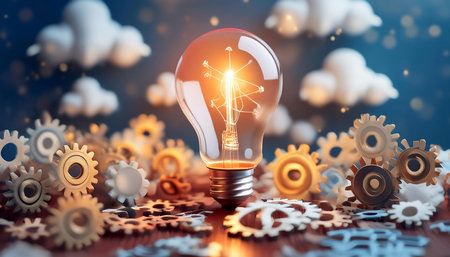 Illustration depicting the concept of brainstorm and idea generation, featuring symbols like a light bulb, gears, and clouds symbolizing creativity, thinking, and innovation. Perfect for topics related to creativity, problem solving, and collaboration.の素材