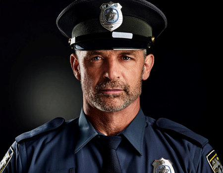 Close up image of a police officer in uniform, symbolizing law enforcement, security, and public service.の素材