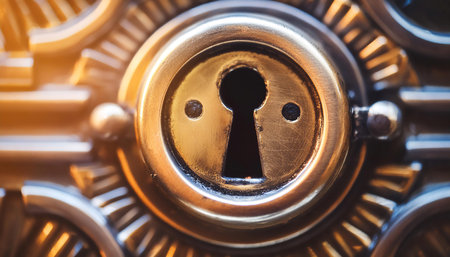 Close up of a keyhole lock representing a hidden secret, emphasizing mystery, security, and the unknown.の素材