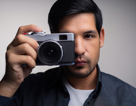 Close up image of a person using a camera to capture a special moment, illustrating memories, photography, and experience.の素材