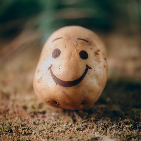 A single potato with a painted-on face, featuring big eyes and a wide smile, is positioned in the foreground of the image. The potato appears to be looking to the right of the frame. The background is a blurred out bokeh effect of warm, golden lights.の素材