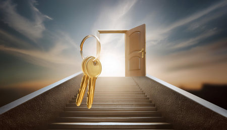 Illustration representing seizing an opportunity and success, featuring symbols like open doors, stairways, and golden keys symbolizing chances, potential, and achievement. Ideal for topics related to personal growth, career advancement, and new beginnings.の素材