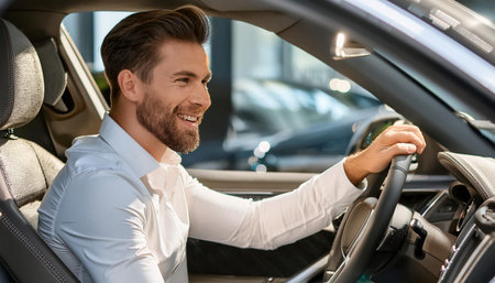 A cheerful man dressed in a white shirt is seated inside a sleek car at a dealership. He appears excited as he engages with the vehicle's features. Bright lighting enhances the contemporary setting, showing the available technology and design.の素材