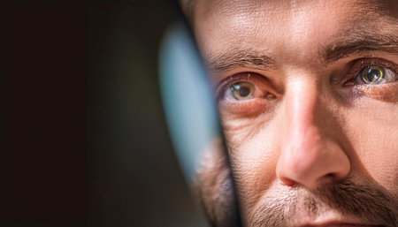 Close up image of a person looking at themselves in a mirror, representing self reflection, identity, and self awareness.の素材