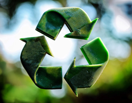 Close up of a recycling symbol, highlighting environmental conservation, sustainability, and waste management.の素材