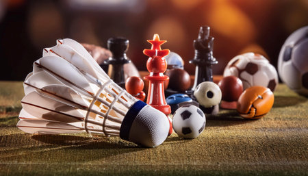 Close up of sports equipment and game pieces representing player and gameplay, ideal for topics related to sports, gaming, and competition.の素材