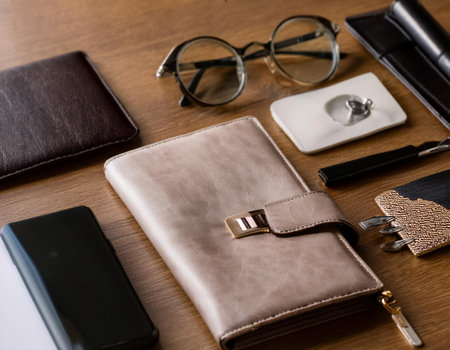 Close up image of personalized items on a desk, representing individuality, customization, and personal touch.の素材