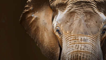 Close up image of an elephants face with focused eyes, symbolizing strength, wisdom, and wildlife.の素材