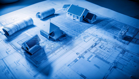 Close up of blueprint and diagrams representing planning and strategy, ideal for topics related to business, organization, and project management.の素材