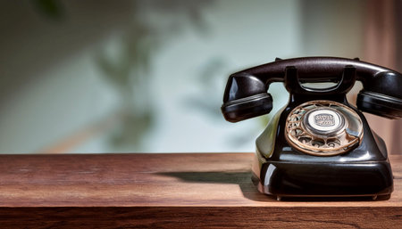 Close up image of a classic telephone on a desk, symbolizing communication, vintage technology, and connectivity.の素材