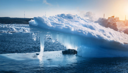 Close-up image of a melting iceberg with a background of pollution, symbolizing climate change, environmental impact, and global warming.の素材