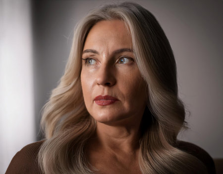 Close up image of a person with a thoughtful expression, symbolizing inspiration, contemplation, and motivation.の素材