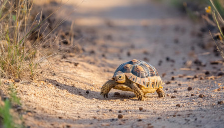 A leopard tortoise walks on a sandy path, its shell patterned with dark brown and yellow markings. The tortoise is in the shade of a tree, casting a long shadow on the ground. The sun is shining brightly, illuminating the scene.の素材