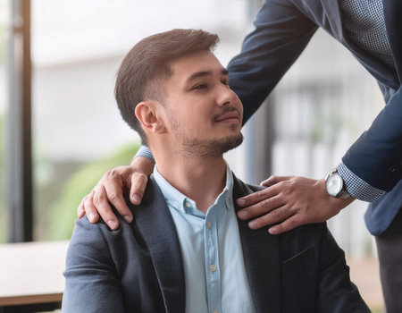 Close up image of a person helping another with a task, representing support, assistance, and teamwork.の素材