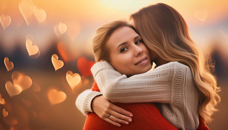 Illustration depicting the concept of affection and love, featuring symbols like hearts, a hug, and a warm embrace symbolizing care, warmth, and emotional connection. Ideal for topics related to relationships, family bonds, and emotional well being.の素材