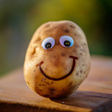 A single potato with a painted-on face, featuring big eyes and a wide smile, is positioned in the foreground of the image. The potato appears to be looking to the right of the frame. The background is a blurred out bokeh effect of warm, golden lights.の素材