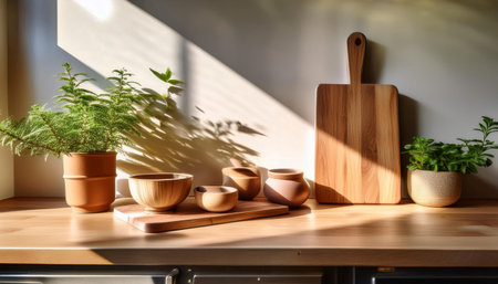 A sunlit kitchen countertop showcases a simple arrangement of natural materials, including wooden serving boards, ceramic containers, and small potted plants. The light enhances the inviting atmosphere of the space while emphasizing a clean and modern design.の素材