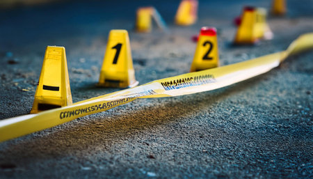 Close up image of evidence markers at a crime scene, symbolizing investigation, law enforcement, and criminal activity.の素材