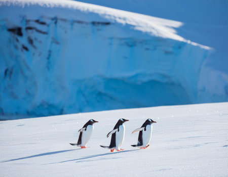 A group of gentoo penguins can be seen walking across a snowy expanse, surrounded by a stunning backdrop of icy mountains and calm waters. The bright daylight enhances the winter scenery, showing the beauty of the Antarctic environment.の素材