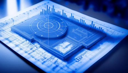 Close up of blueprint and diagrams representing planning and strategy, ideal for topics related to business, organization, and project management.の素材