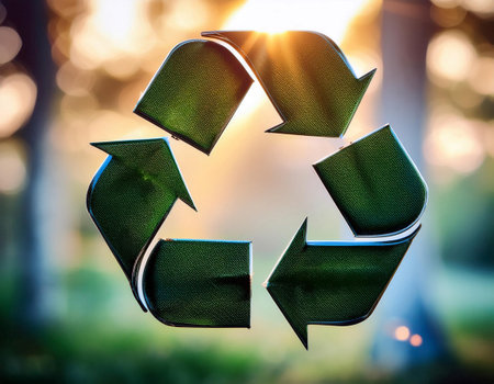 Close up of a recycling symbol, highlighting environmental conservation, sustainability, and waste management.の素材