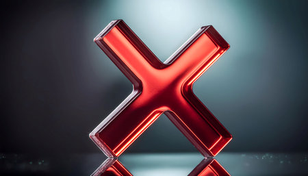 A glossy red X sign placed on a sleek black surface, creating a sharp contrast. The sign reflects light, drawing attention to its bold color and shape.の素材