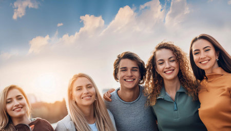 Close up image of a group of happy youths outdoors, symbolizing vitality, energy, and friendship.の素材