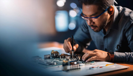 Close up image of an engineer working on a technical project, representing innovation, problem solving, and design.の素材
