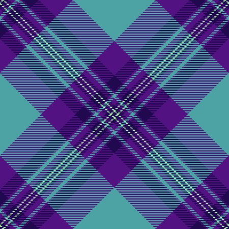 Minimal pattern vector seamless, seventies background textile fabric. Idyllic plaid tartan check texture in violet and cyan colors palette.のイラスト素材