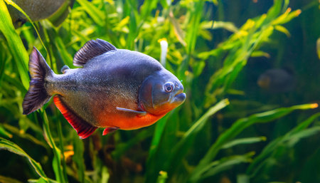 A single red-bellied piranha swims through a tank filled with green aquatic plants. Its scales shimmer in the water, and its facing right with its mouth slightly open. The fish appears to be in a natural habitat, surrounded by greenery and rocks.の素材