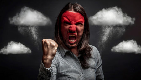 Illustration depicting the concept of anger and emotional reactions, featuring symbols like a clenched fist, red face, and storm clouds, symbolizing intense emotions, frustration, and conflict. Ideal for topics related to emotional health, conflict resolution, and psychology.の素材
