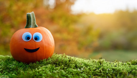 A single pumpkin with a painted smiley face and large googly eyes rests on a bed of green moss in front of a blurred background of autumn foliage. The pumpkin is bright orange and the background is a muted yellow.の素材