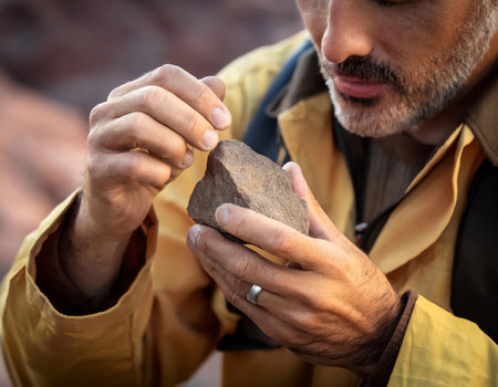 Close up image of a geologist examining rocks during an exploration expedition, illustrating geological study, fieldwork, and discovery.の素材