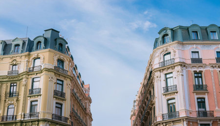 Two aging buildings standing side by side, displaying architectural remnants of the past.の素材