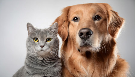 A golden retriever stands proudly next to a gray cat, both displaying friendly expressions. The golden retriever has a shiny coat and a friendly demeanor, while the gray cat looks calm and poised. They are positioned in front of a neutral backdrop, showcasing their companionship.の素材