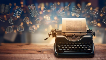 Illustration depicting the concept of writing and publishing an article, featuring elements like a typewriter, manuscript, and publishing symbols, symbolizing writing, content creation, and publication. Ideal for topics related to journalism, content writing, and publishing.の素材