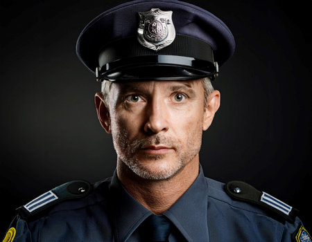 Close up image of a police officer in uniform, symbolizing law enforcement, security, and public service.の素材