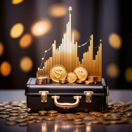 Illustration representing revenue and business growth, featuring symbols like a graph with rising bars, dollar signs, and a briefcase symbolizing profit, financial success, and corporate earnings. Ideal for topics related to business finance, profitability, and economic progress.の素材
