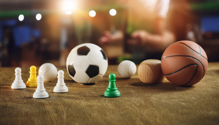 Close up of sports equipment and game pieces representing player and gameplay, ideal for topics related to sports, gaming, and competition.の素材