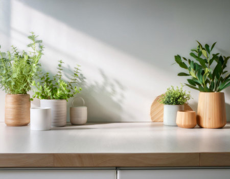 A sunlit kitchen countertop showcases a simple arrangement of natural materials, including wooden serving boards, ceramic containers, and small potted plants. The light enhances the inviting atmosphere of the space while emphasizing a clean and modern design.の素材