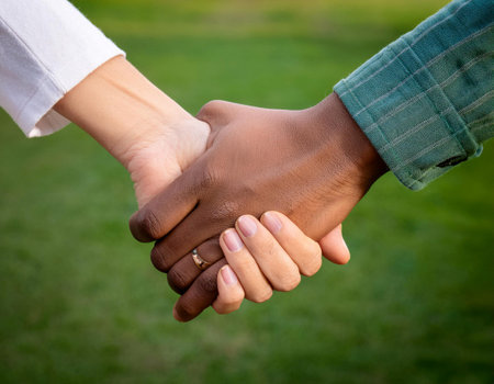 Close up image of two people holding hands, symbolizing a close relationship, intimacy, and connection.の素材