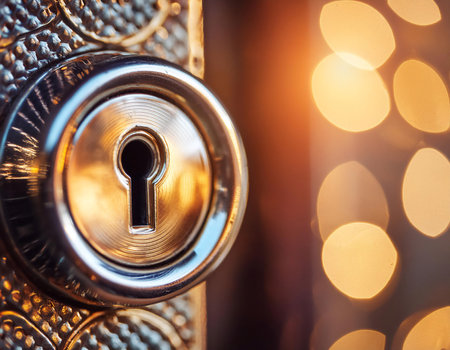 Close up of a keyhole lock representing a hidden secret, emphasizing mystery, security, and the unknown.の素材