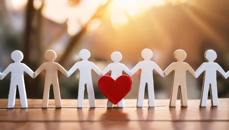 Illustration representing the concept of volunteering and community service, featuring symbols of hands and hearts symbolizing help, kindness, and support. Ideal for topics related to charity, social work, and altruism.の素材